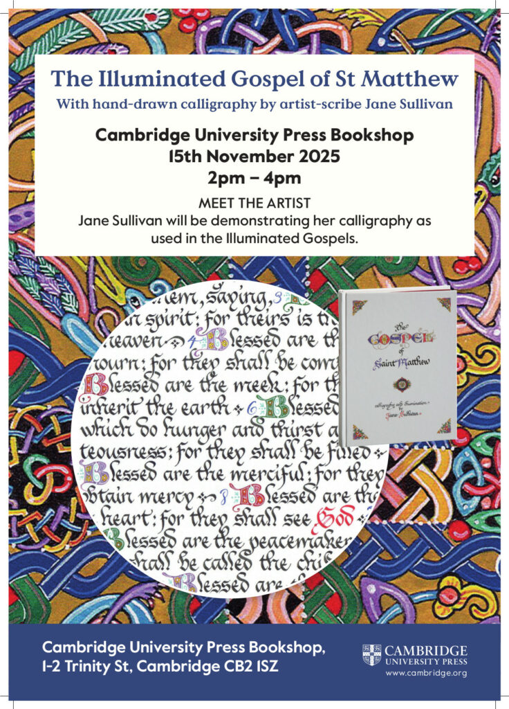 Signing Gospel of Matthew by Jane Sullivan at Cambrige University Press Bookshop (Cambridge UK) from 2 pm to 4 pm on november the 15th 2025.