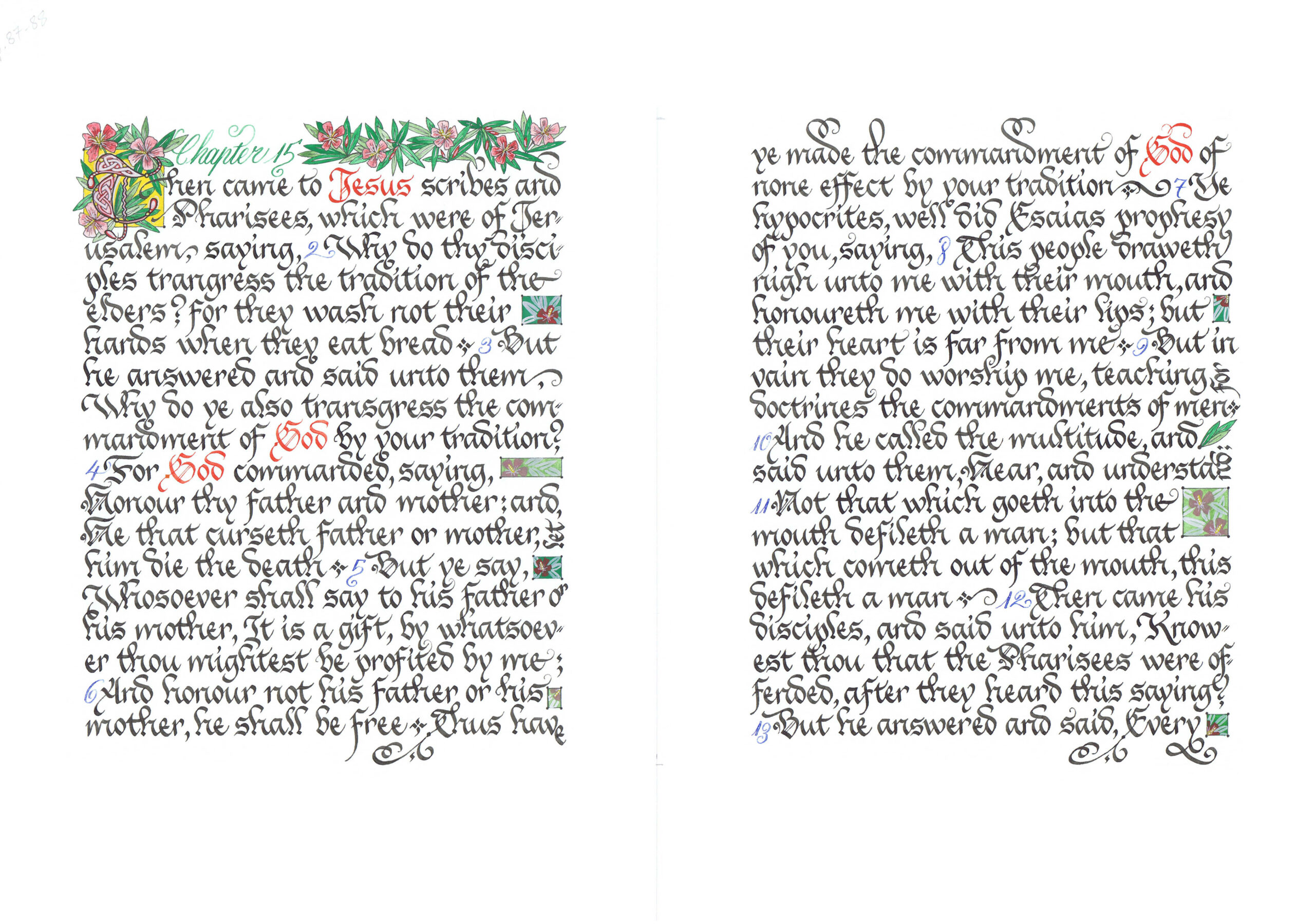 Deux pages de l'Evangile selon St Mathieu calligraphié et enluminé par Jane Sullivan